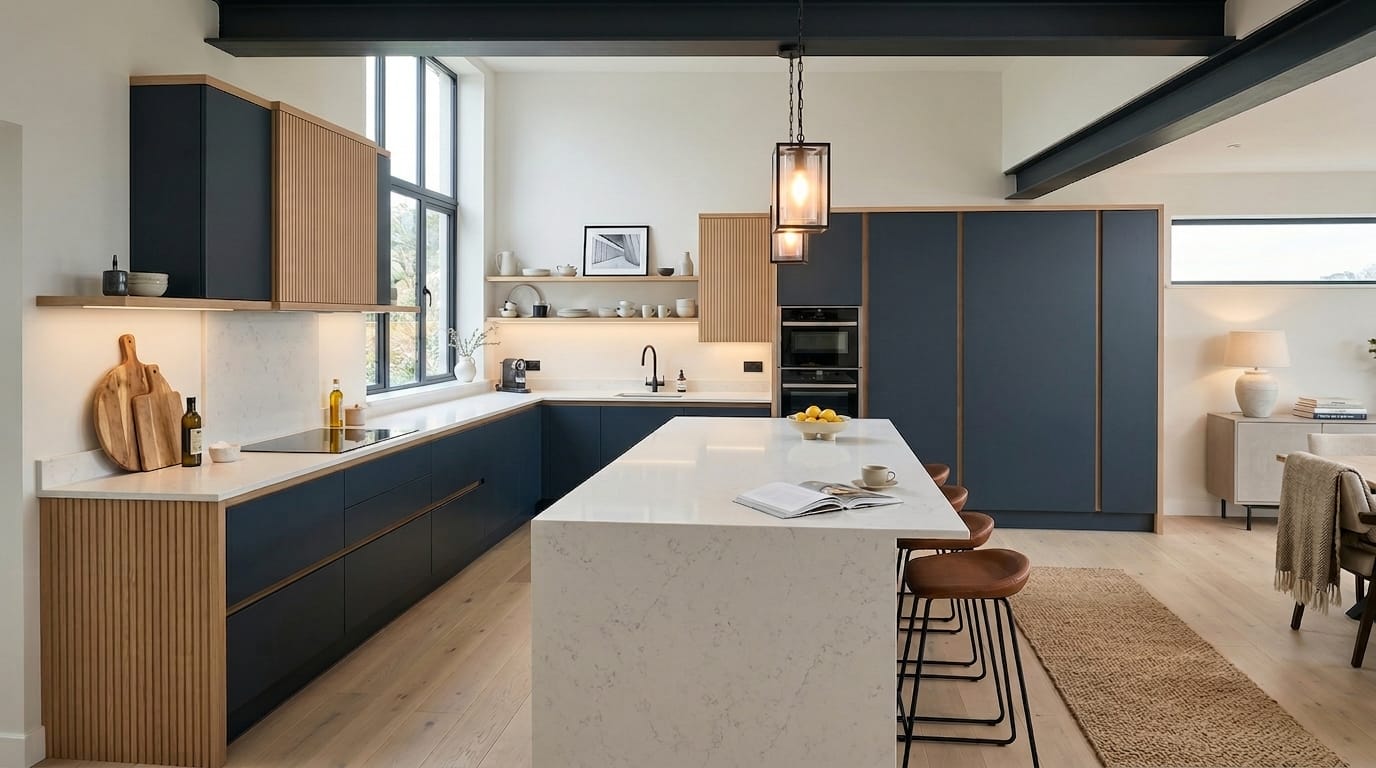 Modern Mastercraft kitchen with navy units, wood accents and white marble island