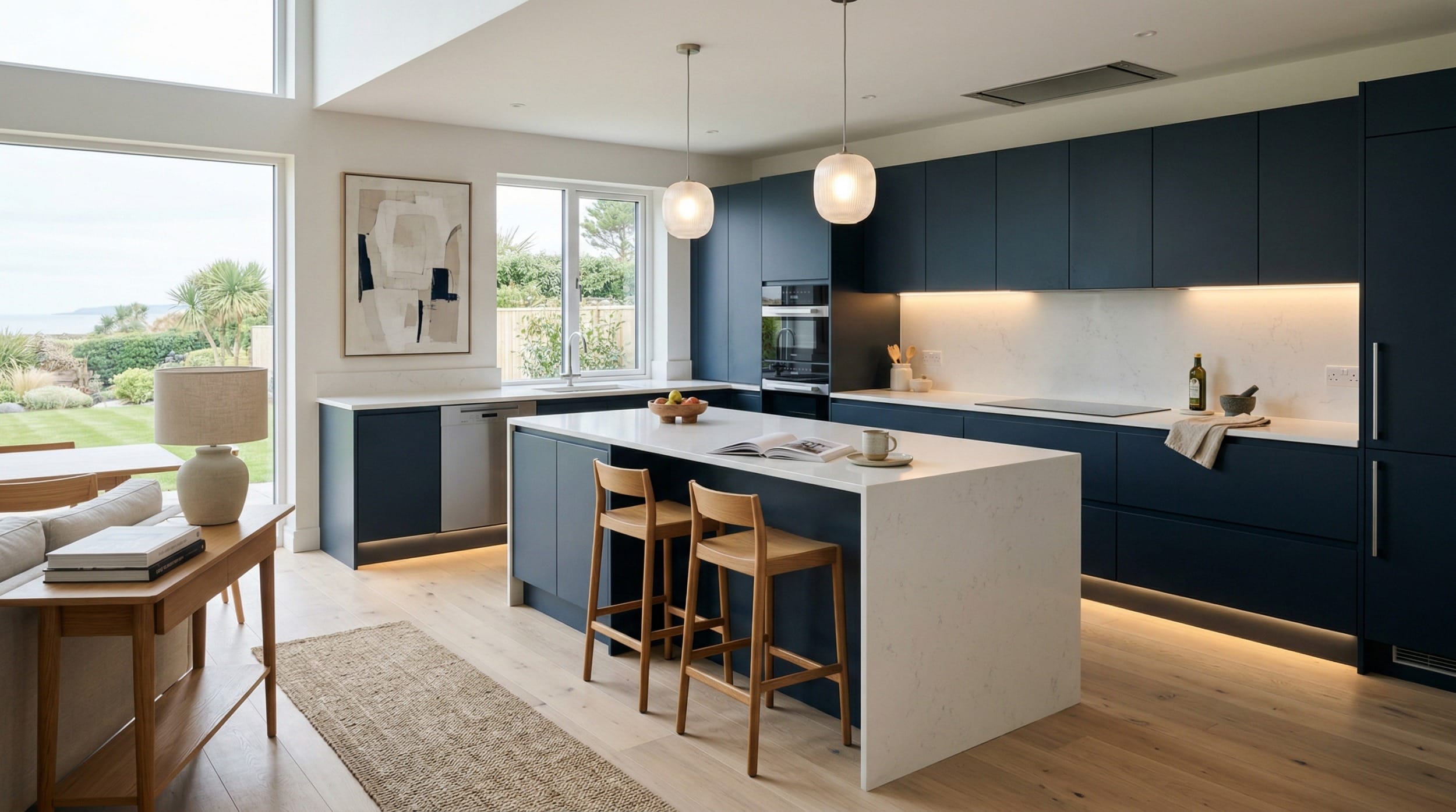 Wide view of a bespoke Mastercraft kitchen, contemporary in-frame cabinetry in porcelain tones