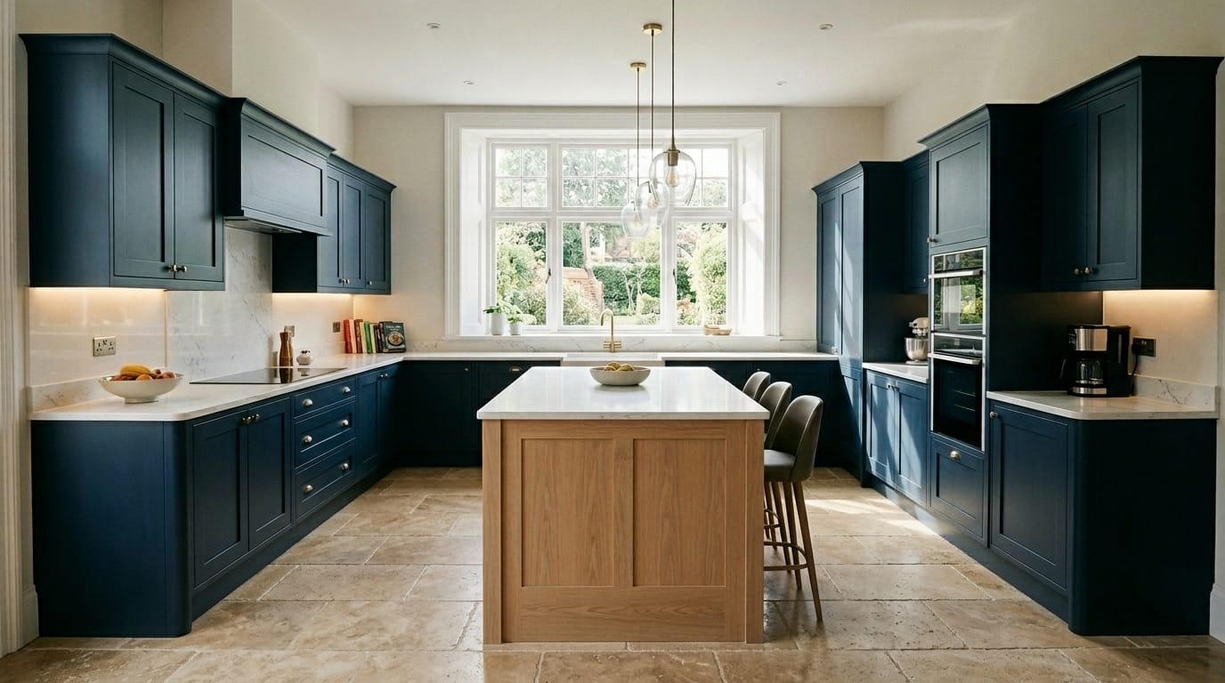 Wide view of a newly completed bespoke Mastercraft kitchen in a Rockingham home, timber veneer slab-door cabinetry in porcelain tones