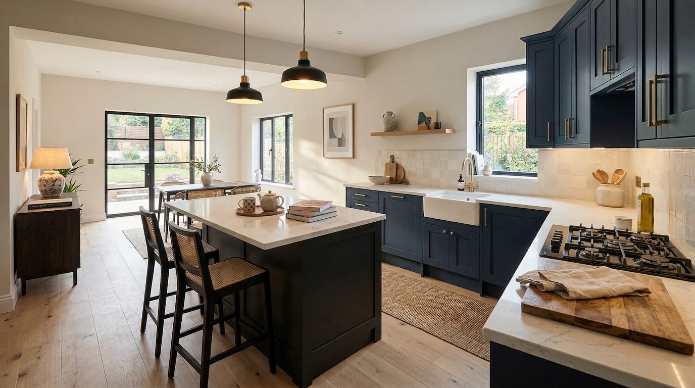 hero_1200x675-507 Modern kitchen with navy units, marble worktops, pendant lights and large windows