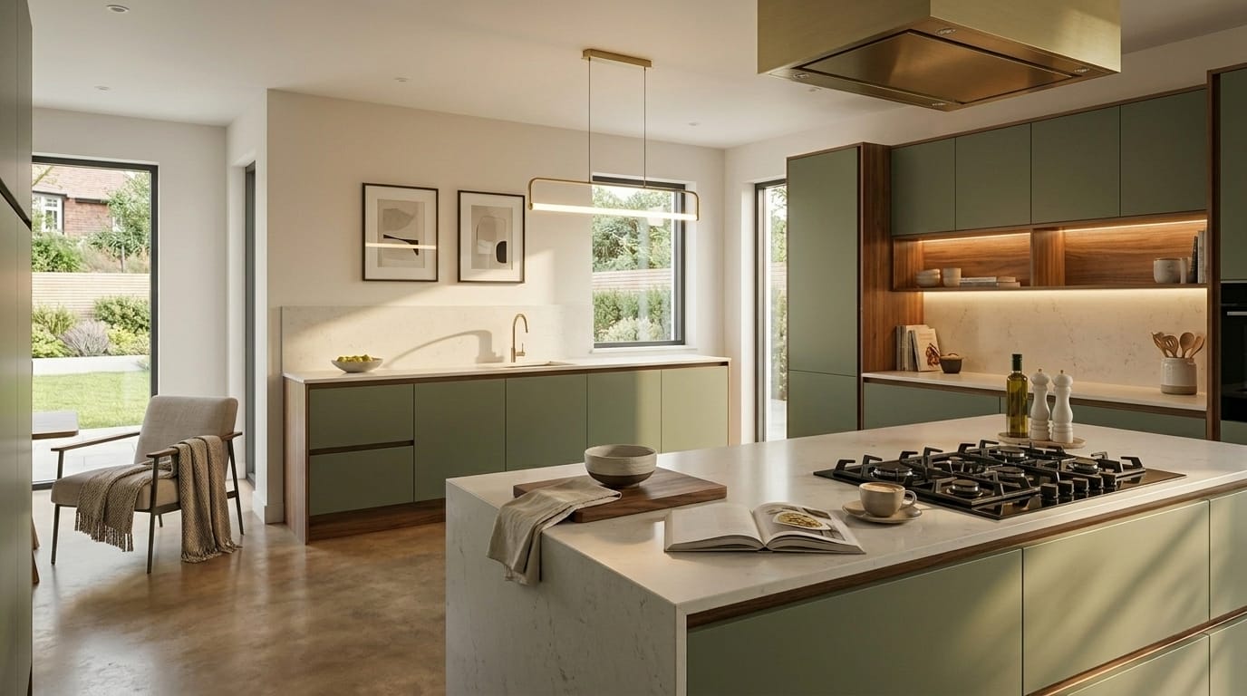 hero_1200x675-508 sage green kitchen units with marble worktops and open shelving with warm lighting