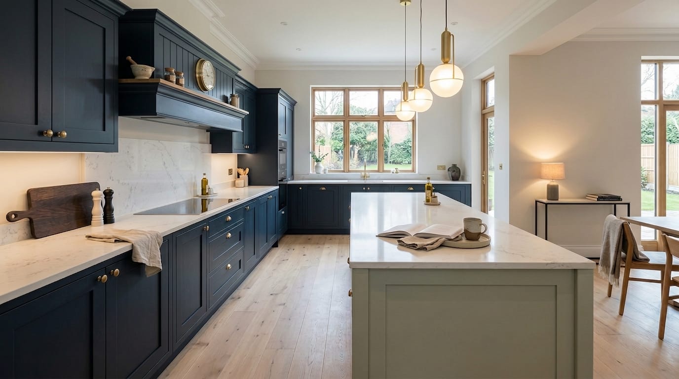 hero_1200x675-509 Navy blue shaker-style kitchen units with white marble worktops and globe pendant lights