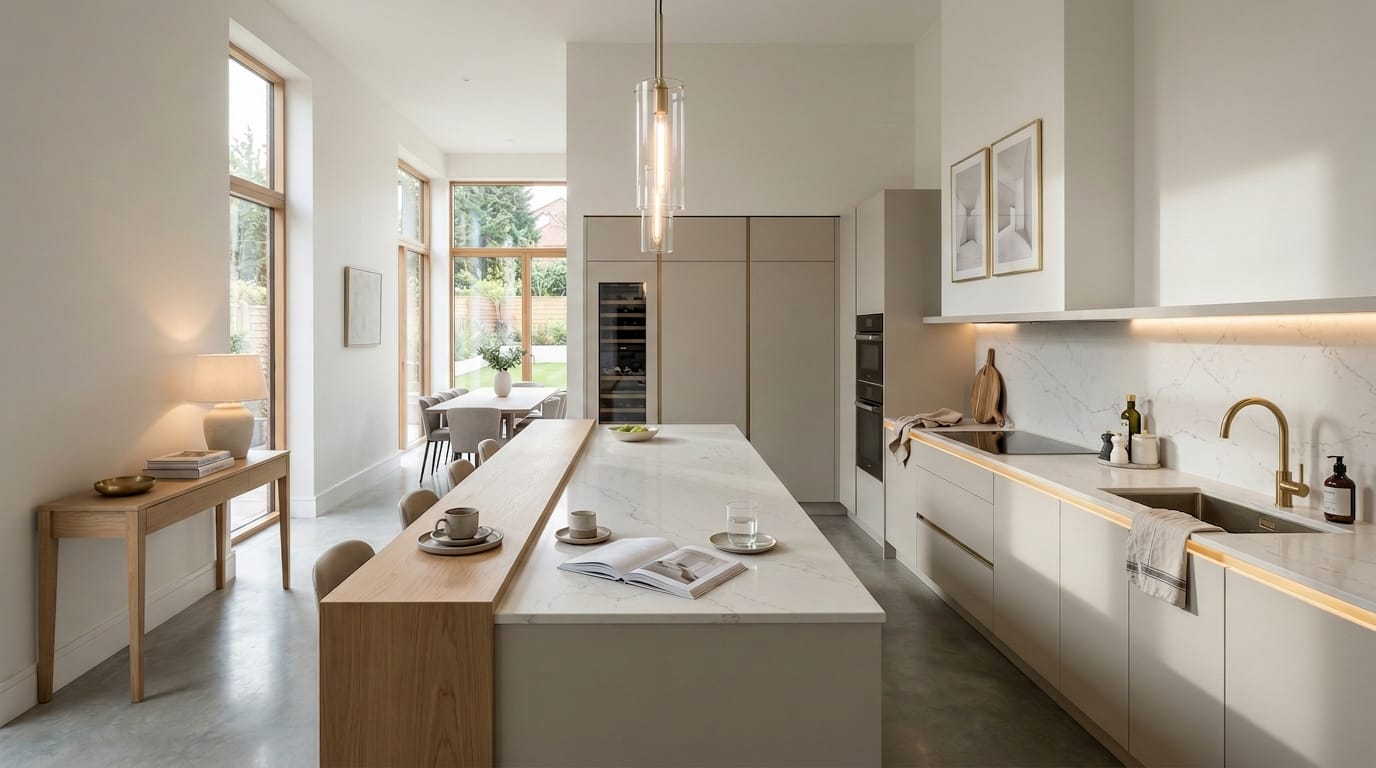 Wide view of a newly completed bespoke Mastercraft kitchen in a Sheringham home, timber veneer slab-door cabinetry in cannon black tones
