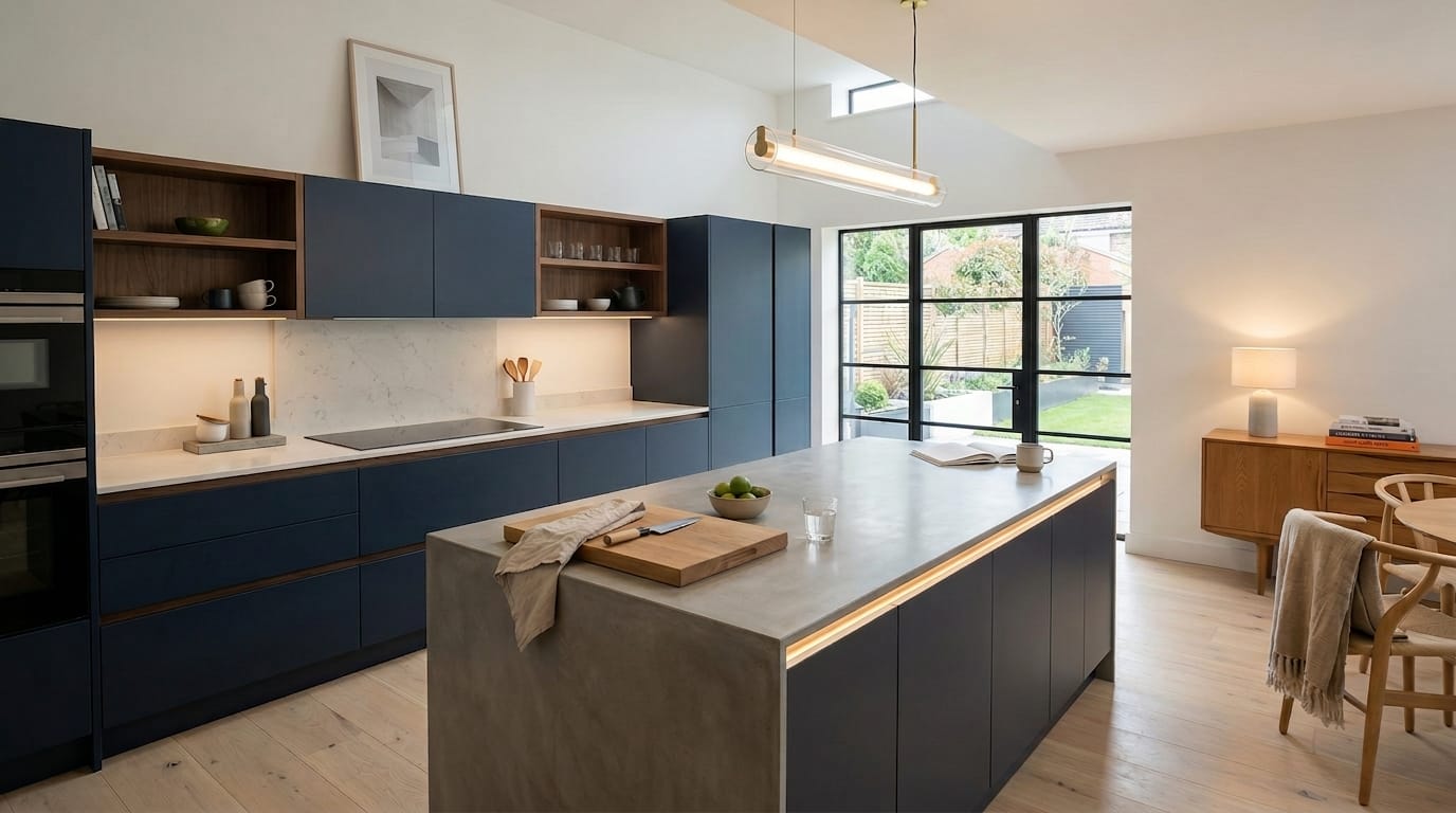 hero_1200x675-511 Modern Mastercraft kitchen with matte navy units and concrete island, large window