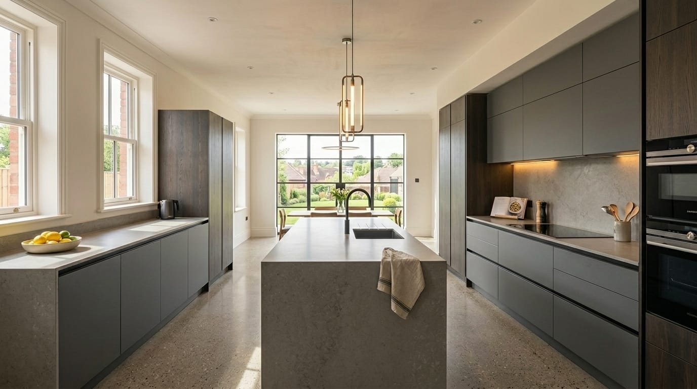 modern kitchen with grey cabinets, stone island, large windows and pendant lighting