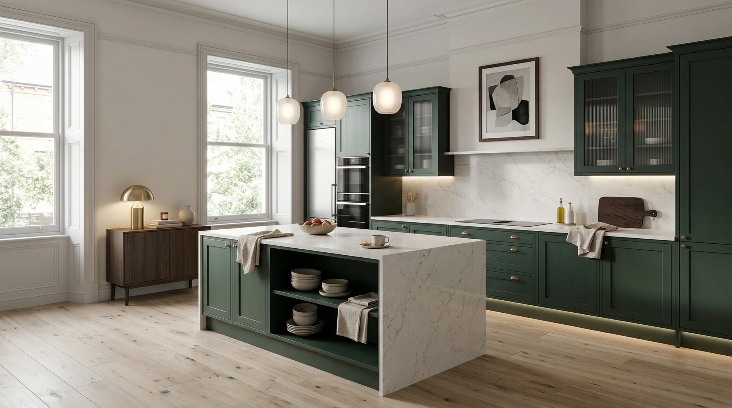 green kitchen units with white marble island and pendant lights