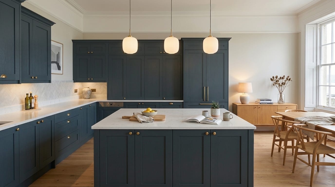 hero_1200x675-514 navy shaker cupboards with brass handles and white marble worktops