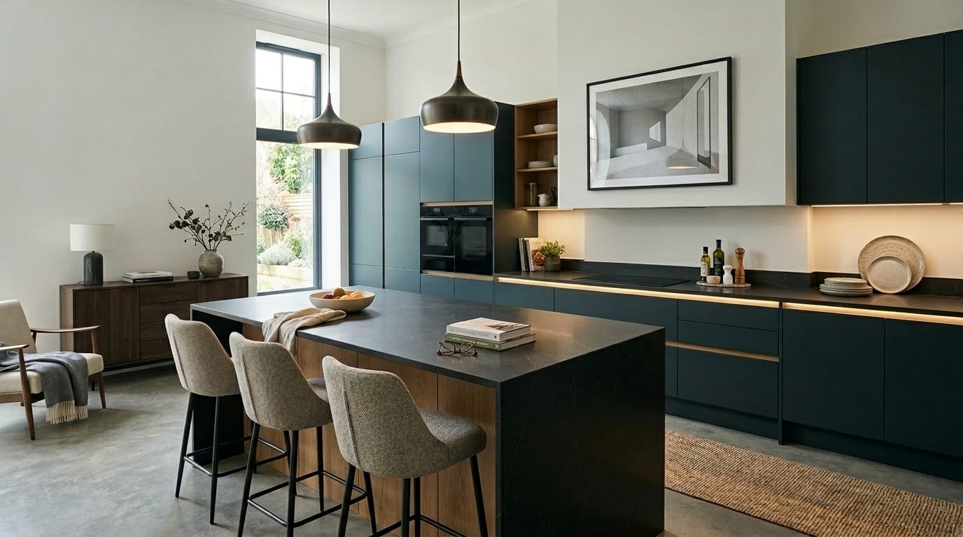 Wide view of a newly completed bespoke Mastercraft kitchen in a Swindon home, modern shaker cabinetry in gunmetal grey tones