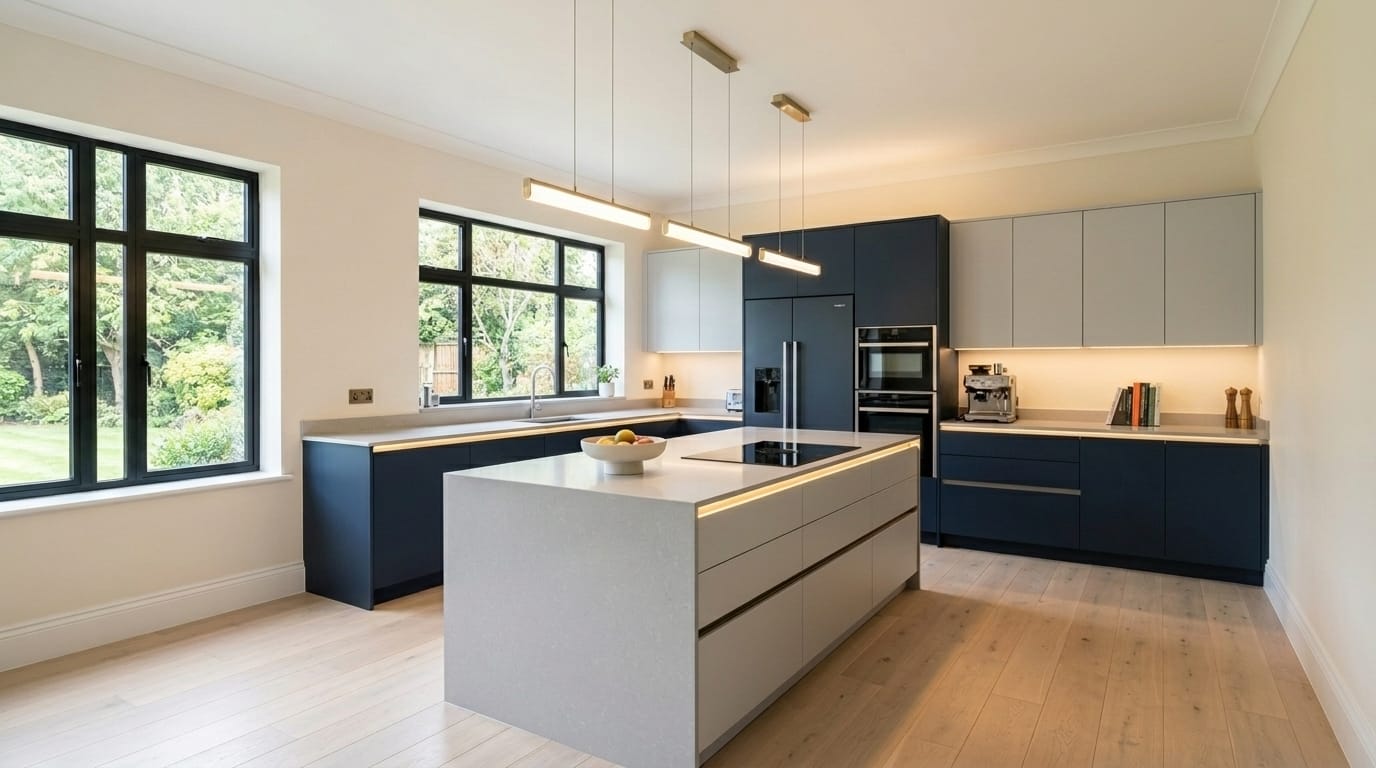 Modern kitchen with navy and grey units, light wood floor, large island