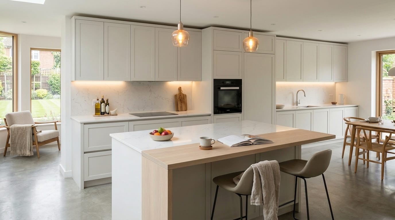 light grey kitchen with marble worktops and wooden breakfast bar