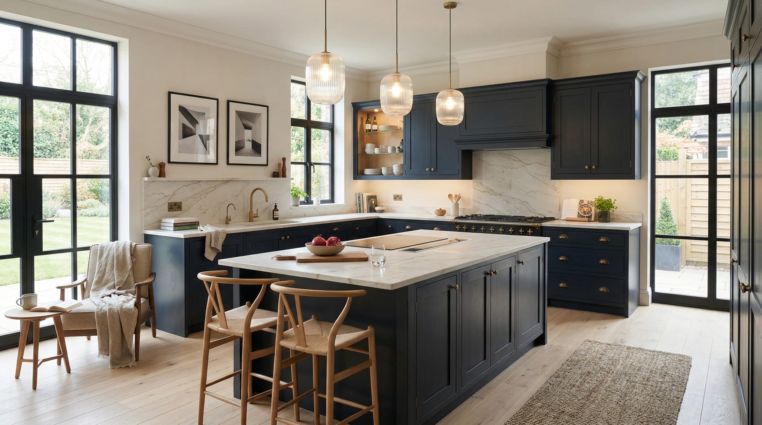 hero_1200x675-518 Navy blue kitchen units with marble worktops and pendant glass lights