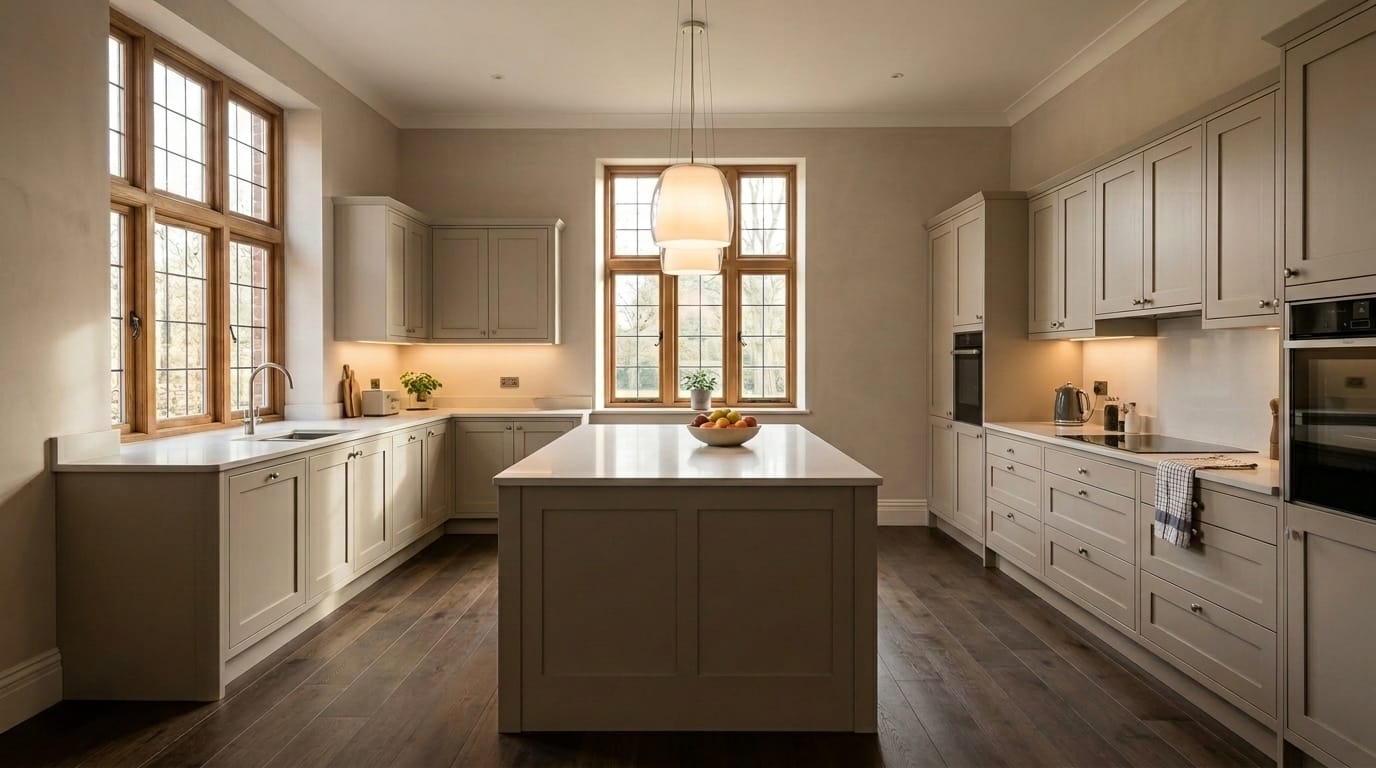 hero_1200x675-519 Wide view of a newly completed bespoke Mastercraft kitchen in a Worksop home, contemporary in-frame cabinetry in cardamom tones