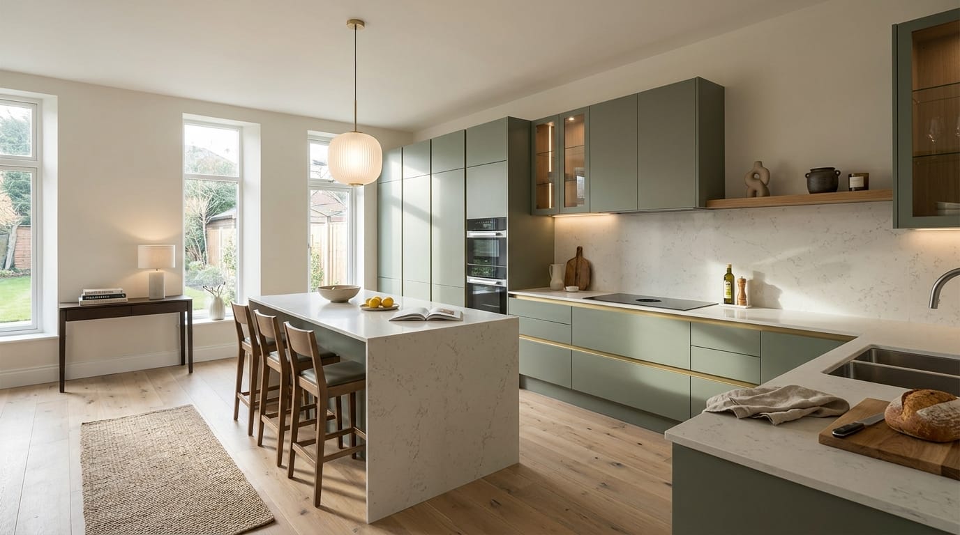 hero_1200x675-52 Wide view of a newly completed bespoke Mastercraft kitchen, matt painted handleless slab cabinetry in stone grey tones