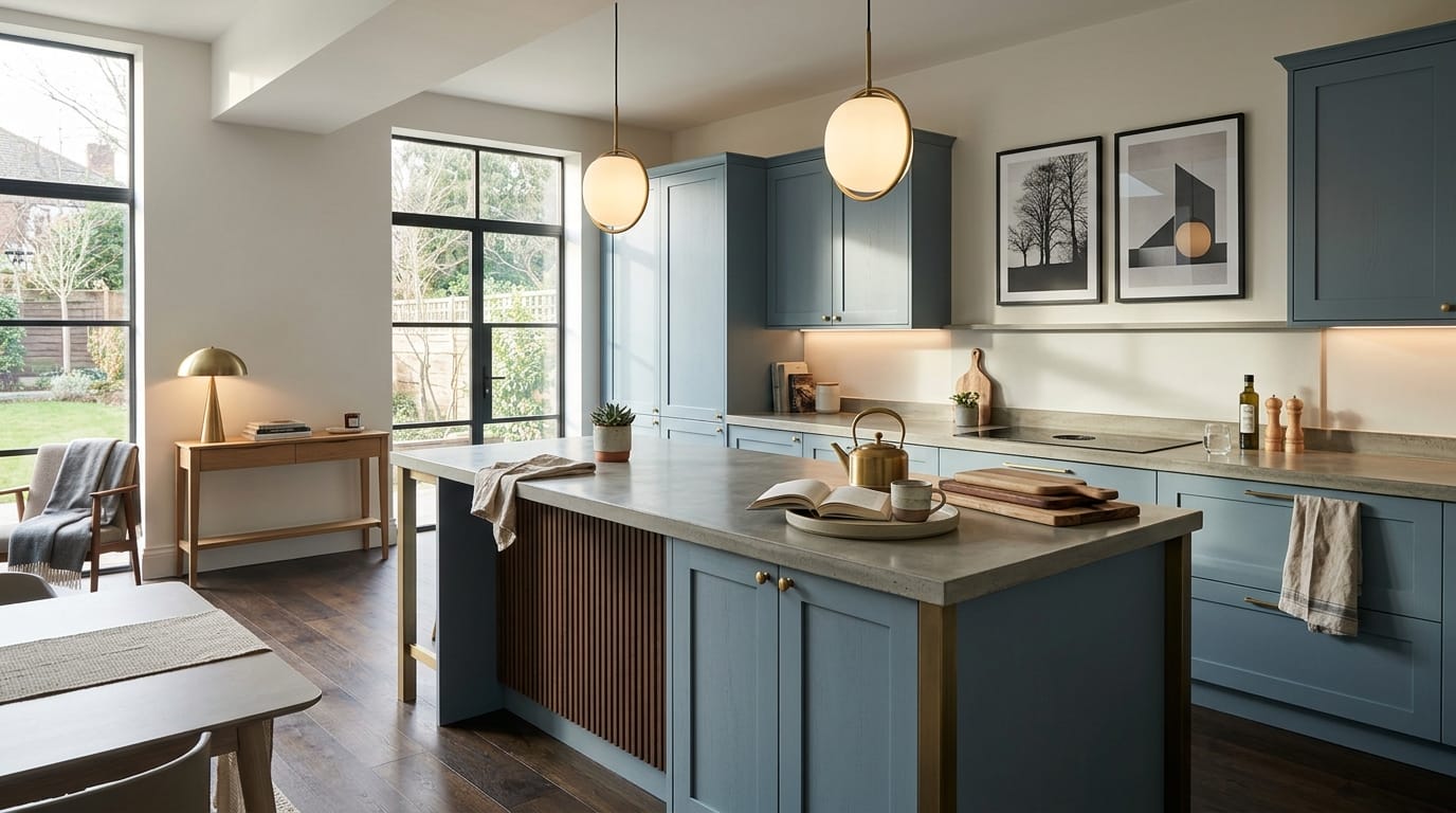 hero_1200x675-53 Wide view of a newly completed bespoke Mastercraft kitchen, modern shaker cabinetry in porcelain tones