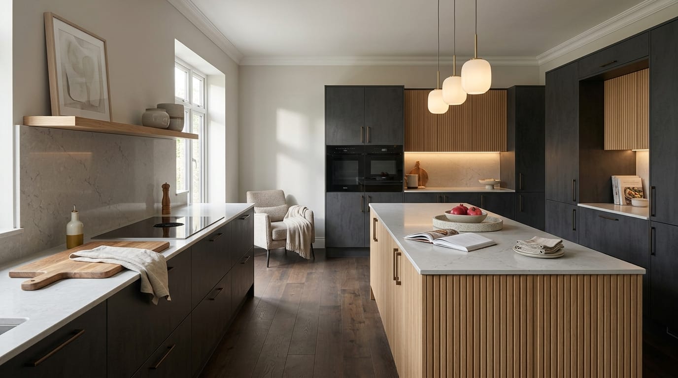 Wide view of a newly completed bespoke Mastercraft kitchen, modern shaker cabinetry in indigo tones