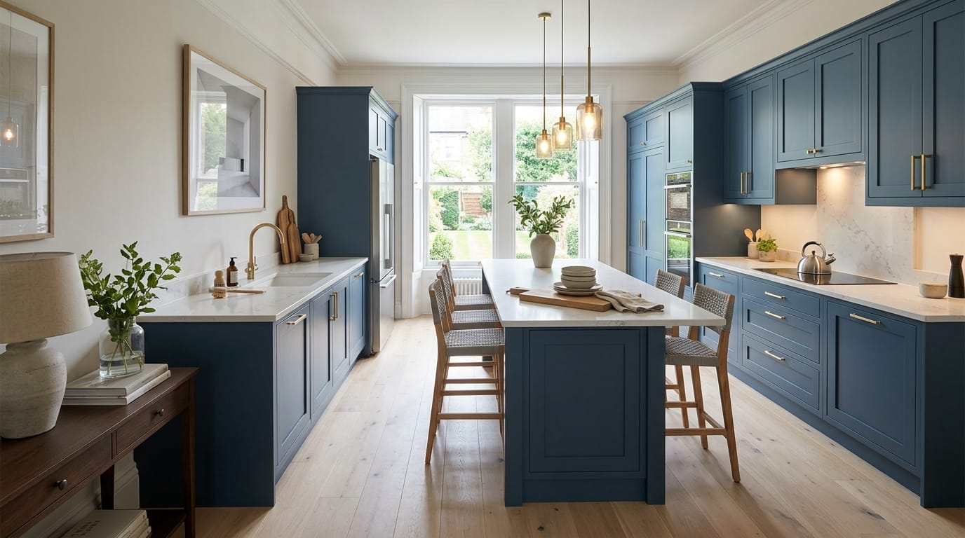 hero_1200x675-56 Wide view of a newly completed bespoke Mastercraft kitchen, modern shaker cabinetry in lava tones