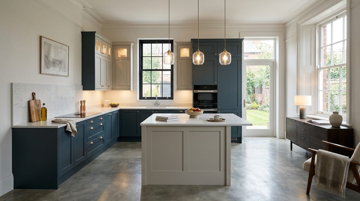 Wide view of a newly completed bespoke Mastercraft kitchen in a Liverpool home, timber veneer slab-door cabinetry in marine tones