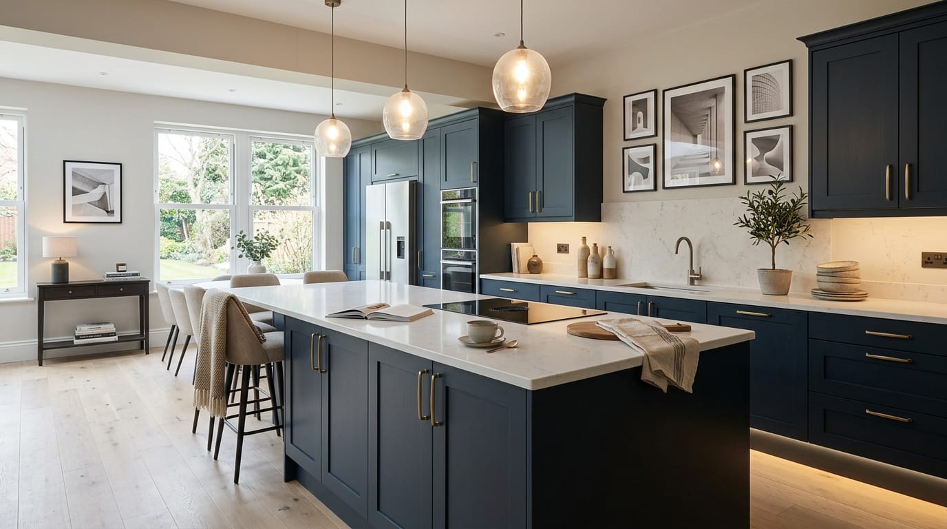 Wide view of a newly completed bespoke Mastercraft kitchen, contemporary in-frame cabinetry in airforce tones