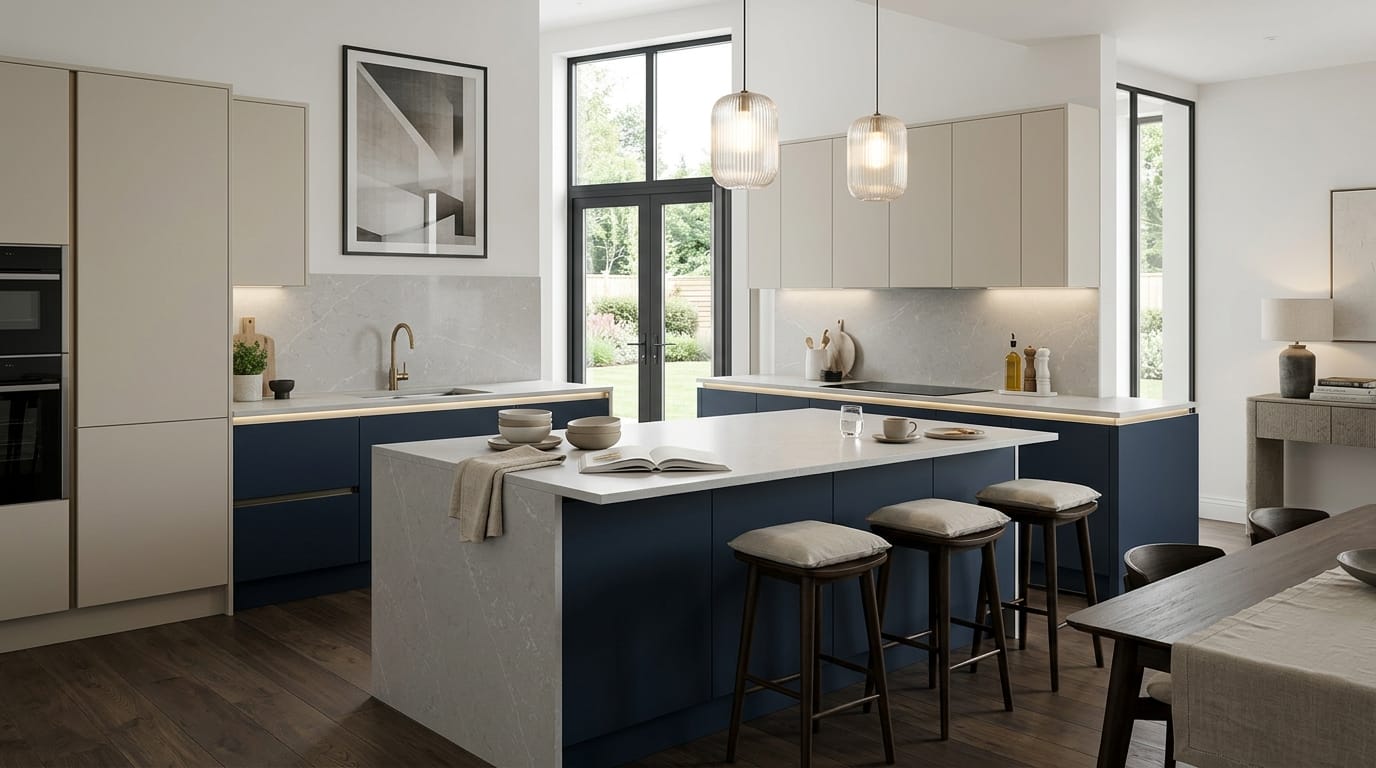 hero_1200x675-59 Wide view of a newly completed bespoke Mastercraft kitchen, contemporary painted lay-on cabinetry in cannon black tones