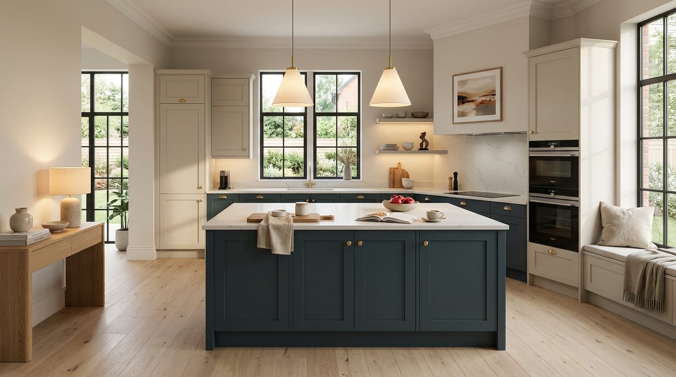 hero_1200x675-6 Wide view of a newly completed bespoke Mastercraft kitchen, timber veneer slab-door cabinetry in graphite tones
