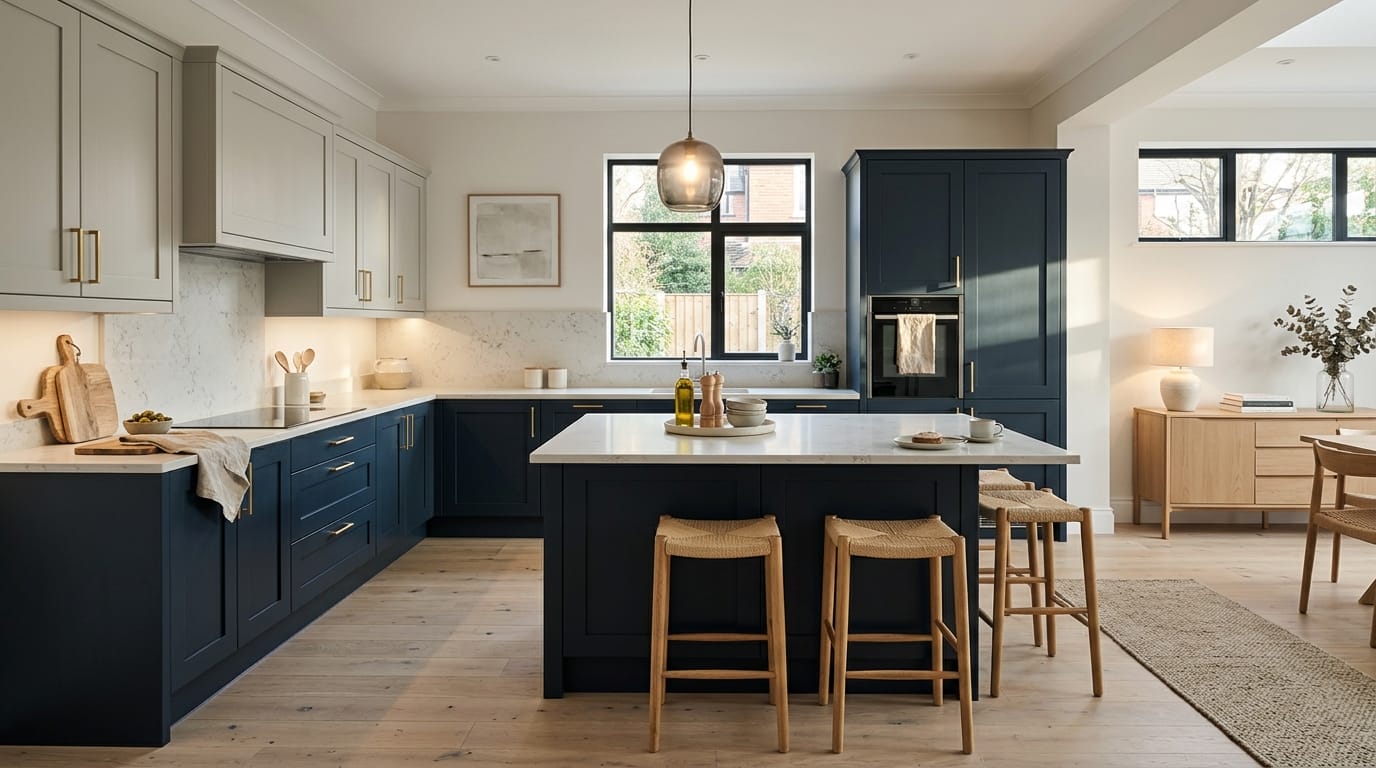 hero_1200x675-62 Wide view of a newly completed bespoke Mastercraft kitchen, contemporary painted lay-on cabinetry in heritage green tones