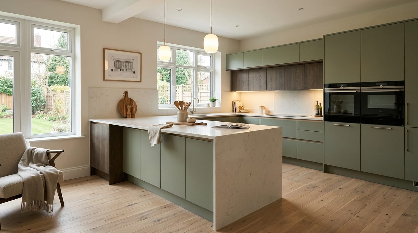 Wide view of a newly completed bespoke Mastercraft kitchen, contemporary in-frame cabinetry in cardamom tones