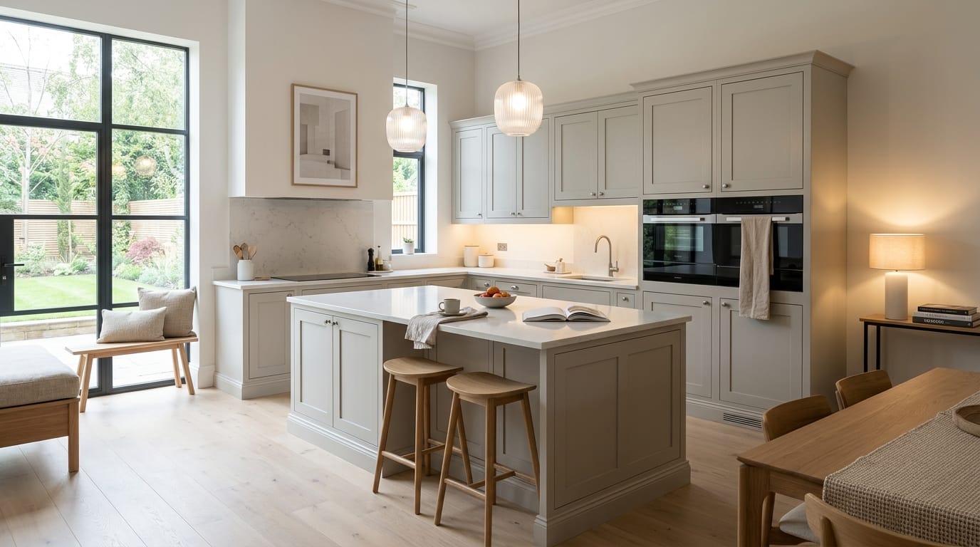 Wide view of a newly completed bespoke Mastercraft kitchen in a St. Helens home, matt painted handleless slab cabinetry in parisian blue tones