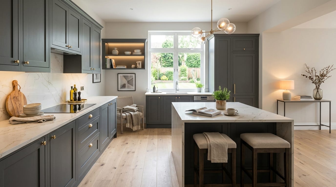 Wide view of a newly completed bespoke Mastercraft kitchen, matt painted handleless slab cabinetry in reed green tones