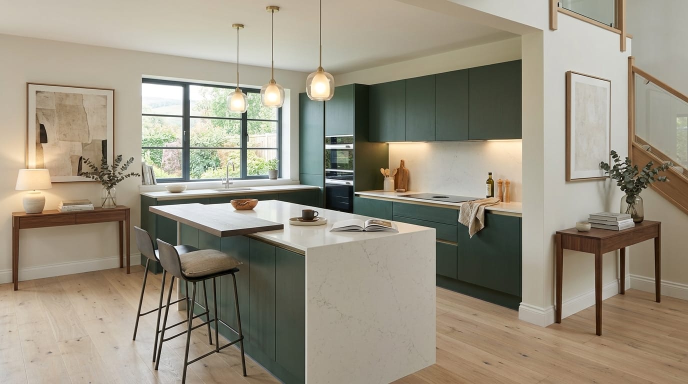 hero_1200x675-68 Wide view of a newly completed bespoke Mastercraft kitchen, timber veneer slab-door cabinetry in stone tones