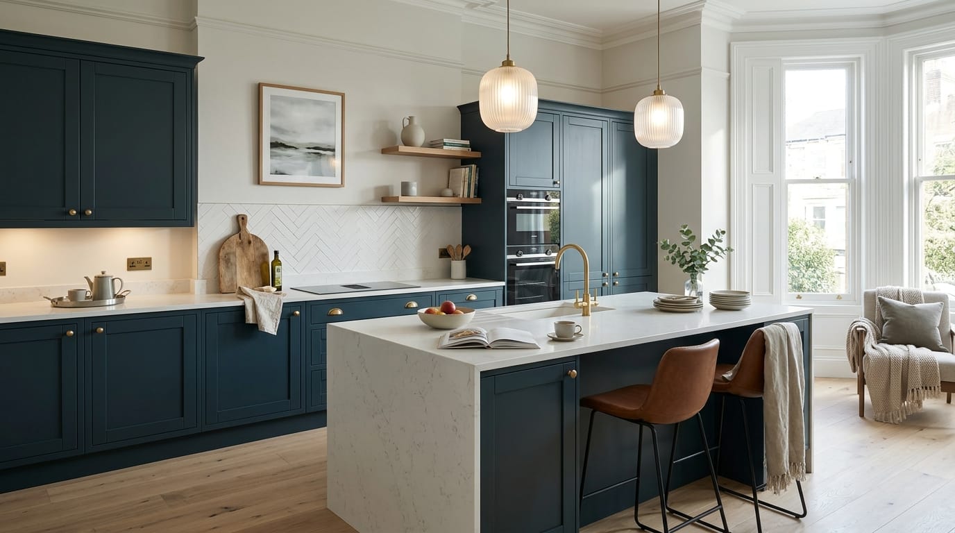 hero_1200x675-69 Wide view of a newly completed bespoke Mastercraft kitchen, modern shaker cabinetry in lava tones