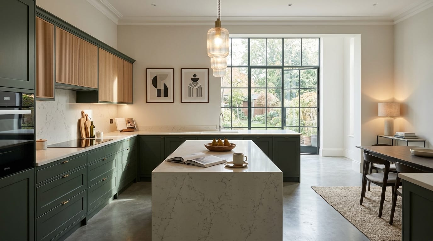 hero_1200x675-7 Wide view of a newly completed bespoke Mastercraft kitchen, modern shaker cabinetry in indigo tones