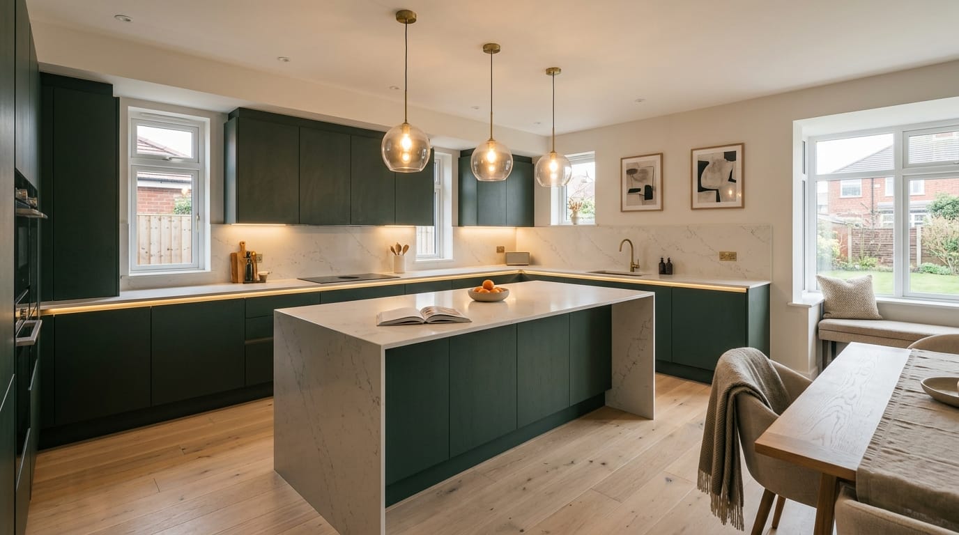 Wide view of a newly completed bespoke Mastercraft kitchen, matt painted handleless slab cabinetry in reed green tones