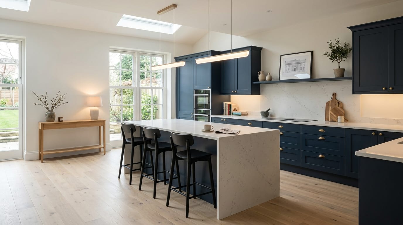 Wide view of a newly completed bespoke Mastercraft kitchen, timber veneer slab-door cabinetry in cashmere tones