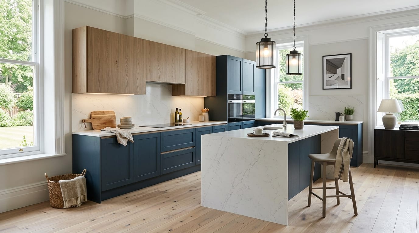 Wide view of a newly completed bespoke Mastercraft kitchen, matt painted handleless slab cabinetry in graphite tones