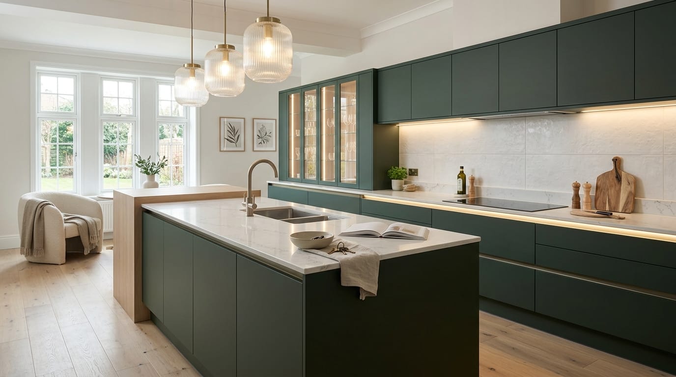 Wide view of a newly completed bespoke Mastercraft kitchen, contemporary in-frame cabinetry in airforce tones