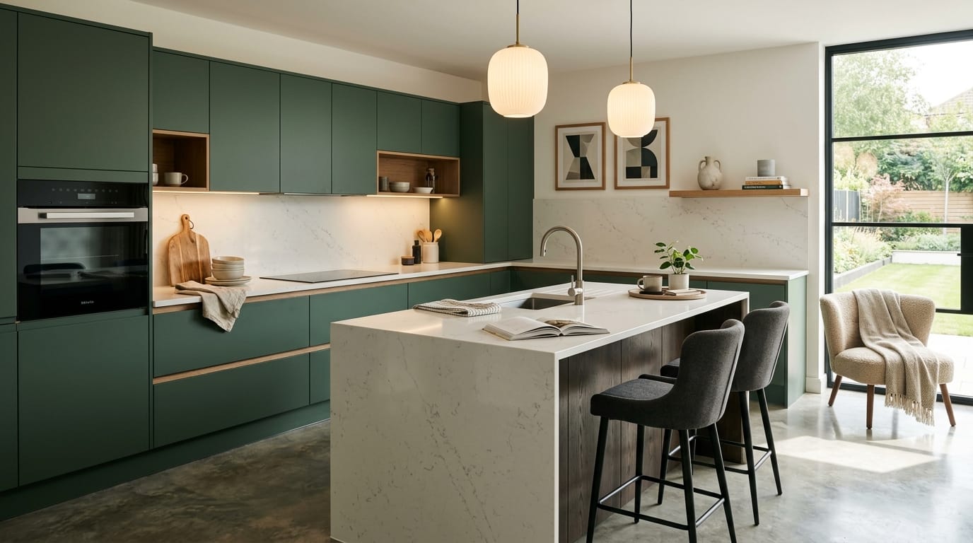 hero_1200x675-74 Wide view of a newly completed bespoke Mastercraft kitchen, contemporary painted lay-on cabinetry in willow tones