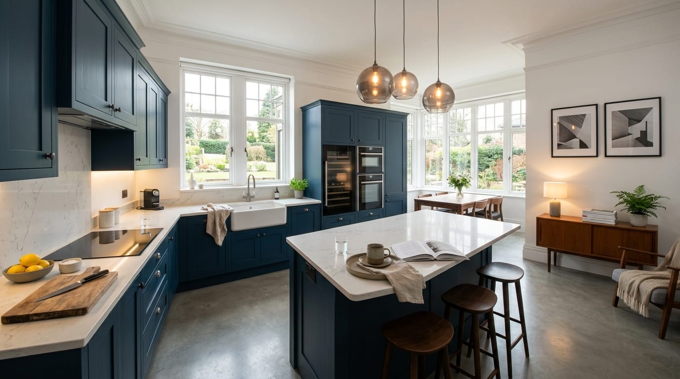 hero_1200x675-75 Wide view of a newly completed bespoke Mastercraft kitchen, modern shaker cabinetry in cannon black tones