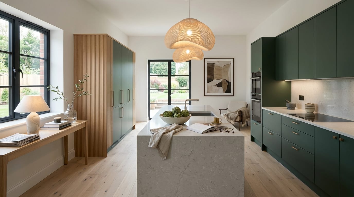 hero_1200x675-76 Wide view of a newly completed bespoke Mastercraft kitchen, timber veneer slab-door cabinetry in ivory tones