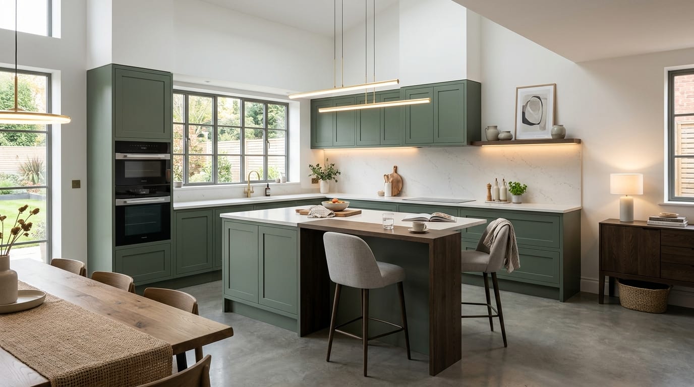 hero_1200x675-77 Wide view of a newly completed bespoke Mastercraft kitchen, modern shaker cabinetry in monument grey tones
