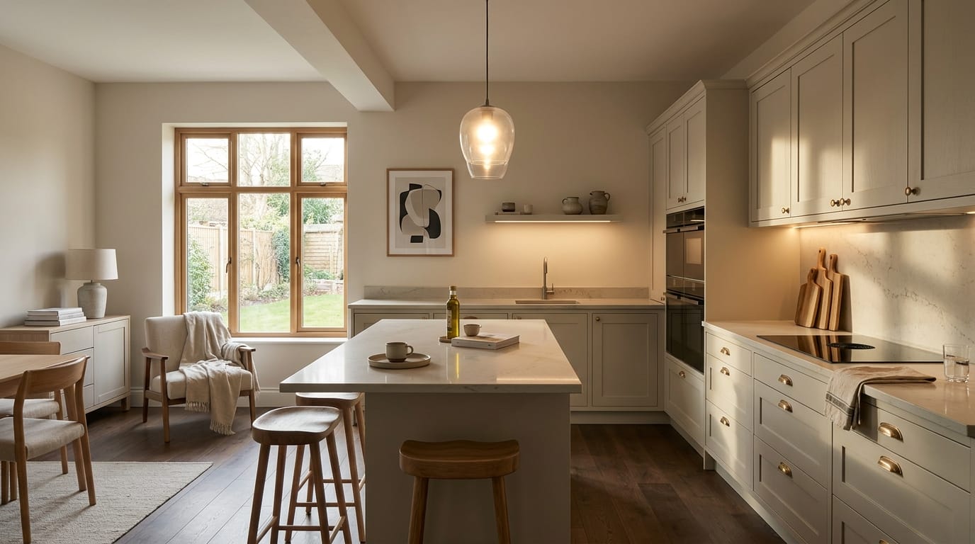 Wide view of a newly completed bespoke Mastercraft kitchen, contemporary painted lay-on cabinetry in cannon black tones