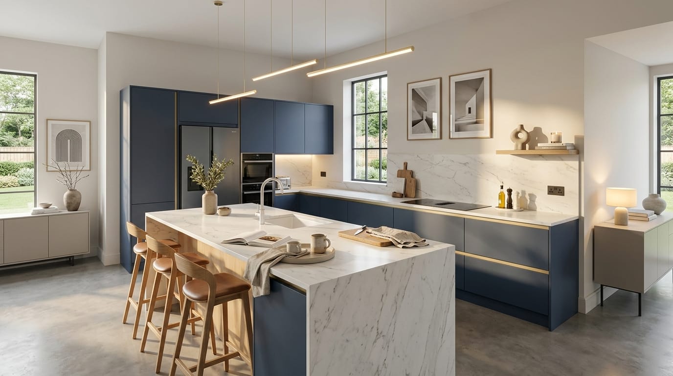 hero_1200x675-79 Wide view of a newly completed bespoke Mastercraft kitchen, contemporary painted lay-on cabinetry in stone grey tones