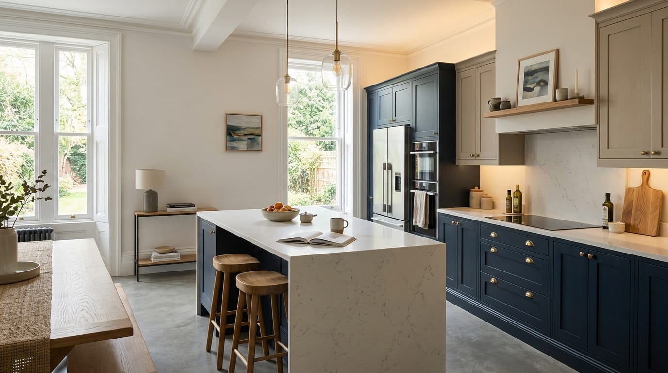 Wide view of a newly completed bespoke Mastercraft kitchen, modern shaker cabinetry in deep forest tones