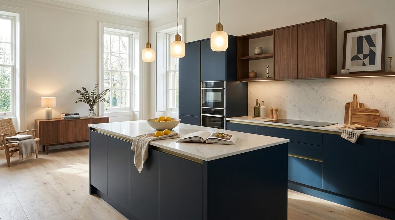 Wide view of a newly completed bespoke Mastercraft kitchen, matt painted handleless slab cabinetry in dust grey tones