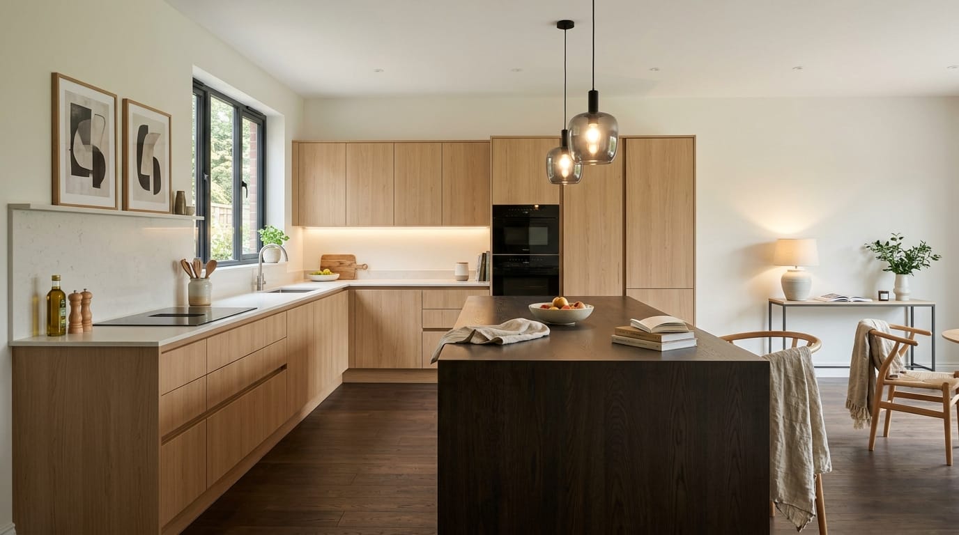 hero_1200x675-81 Wide view of a newly completed bespoke Mastercraft kitchen, timber veneer slab-door cabinetry in cannon black tones