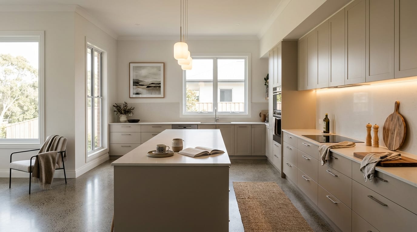 Wide view of a newly completed bespoke Mastercraft kitchen, contemporary in-frame cabinetry in mussel tones