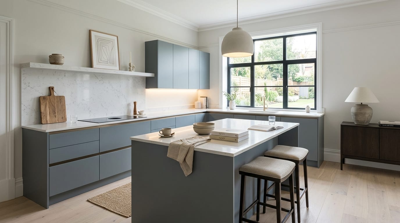 Wide view of a newly completed bespoke Mastercraft kitchen, modern shaker cabinetry in parisian blue tones