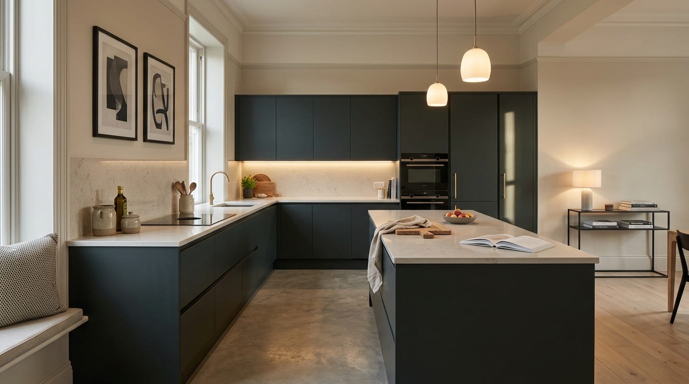 Wide view of a newly completed bespoke Mastercraft kitchen, timber veneer slab-door cabinetry in reed green tones