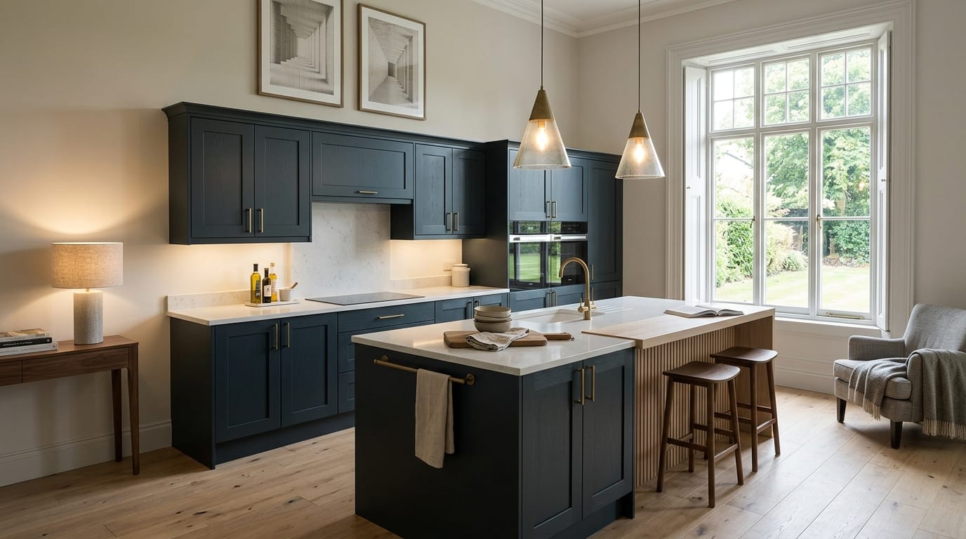hero_1200x675-85 Wide view of a newly completed bespoke Mastercraft kitchen, modern shaker cabinetry in viridian tones