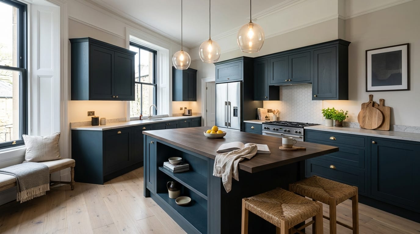 Wide view of a newly completed bespoke Mastercraft kitchen, matt painted handleless slab cabinetry in heritage green tones