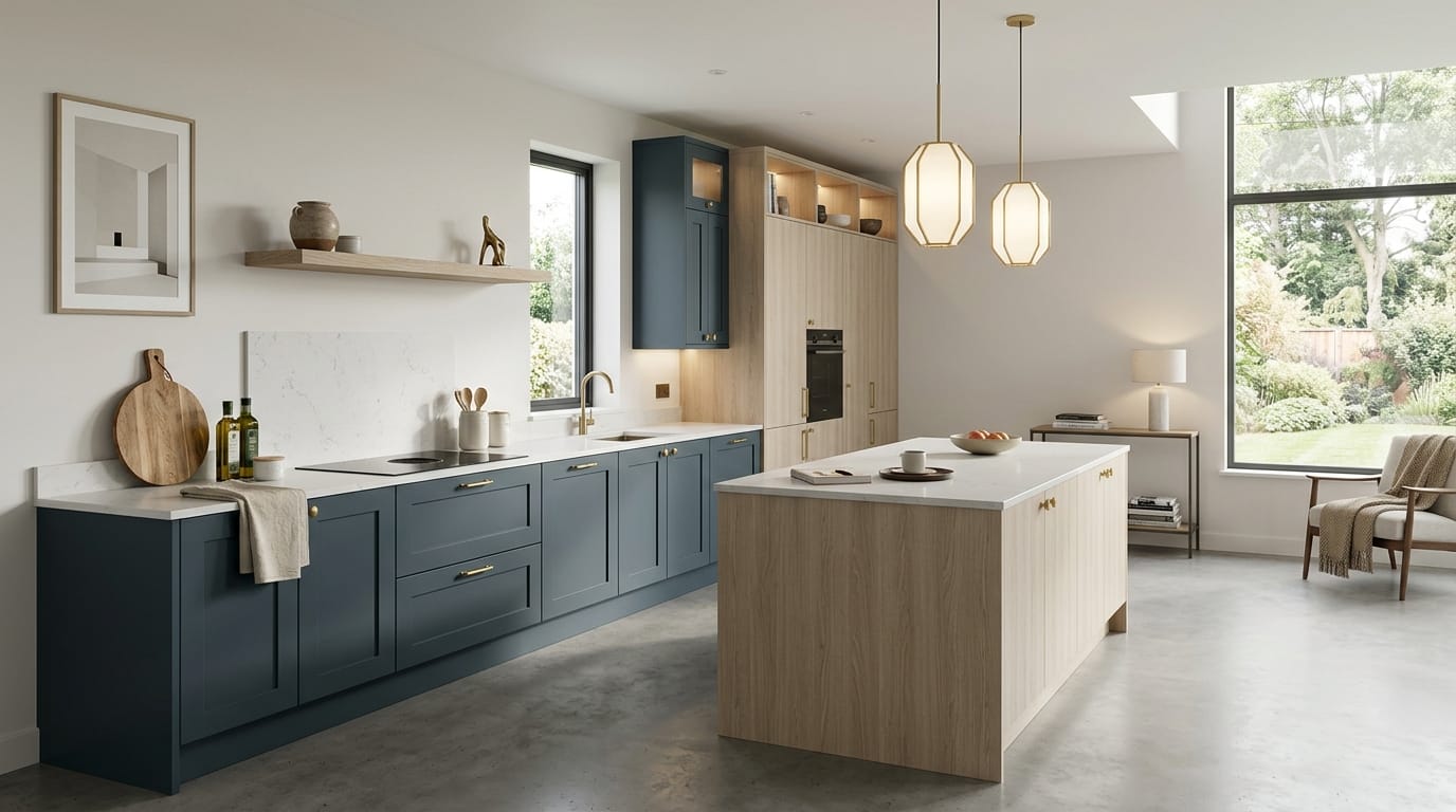 Wide view of a newly completed bespoke Mastercraft kitchen, contemporary in-frame cabinetry in stone tones